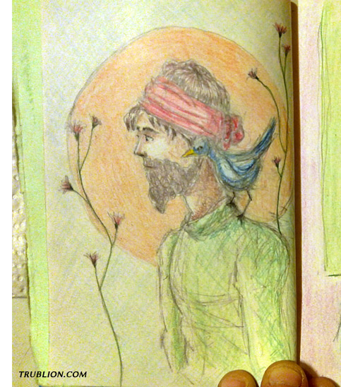 Portrait crayons de couleur jeune homme barbe oiseau croquis crayon a papier mine de plomb
