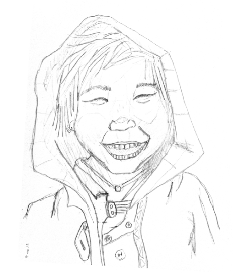 portrait-visage-fillette-capuche-tibet-rire-sourire-face-crayon-croquis-m2r-Marion-tourbillon