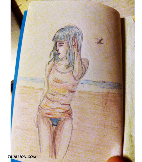 Portrait crayons de couleur belle fille femme plage croquis crayon a papier mine de plomb