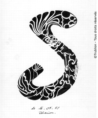 Alphabet Calligraphié plume et encre de chine noire par Trublion m2r
Grand Lettrage par forme - Lettrine - La lettre S majuscule