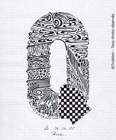 Alphabet Calligraphié plume et encre de chine noire par Trublion m2r
Grand Lettrage par forme - Lettrine - La lettre Q majuscule